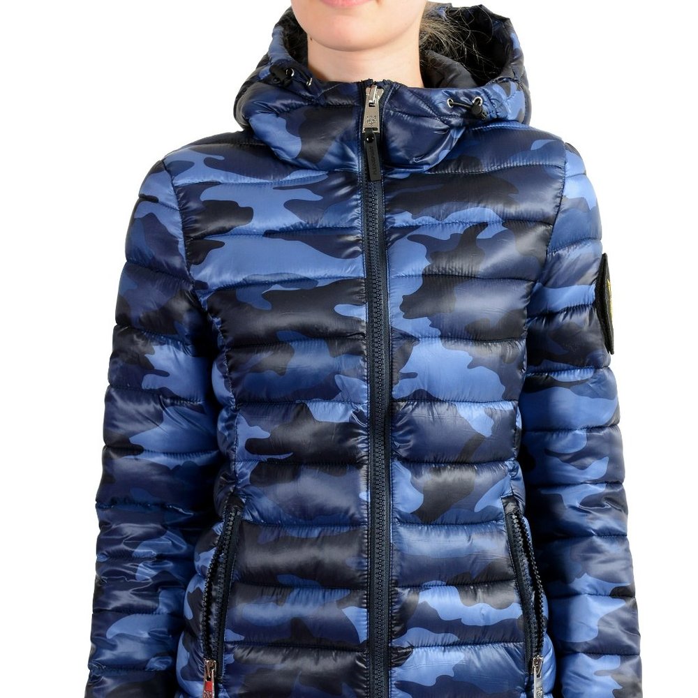 Plein Sport Women's Military Blue Hooded Logo Print Zip Up Parka Jacket